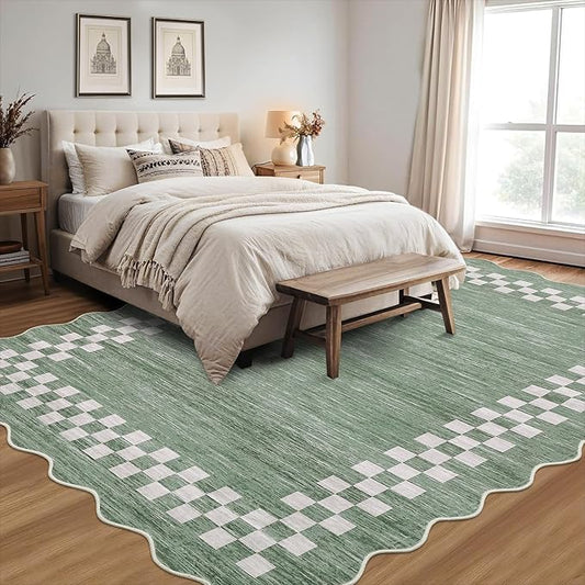 GarveeHome 4x6 Area Rug Small Washable Living Room Rug Scalloped Rug with Rubber Backing Stain Resistant Low Pile Dining Room Throw Carpet Modern Bordered Mat for Bedroom Kitchen, Green