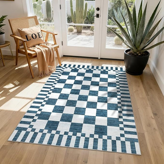 GarveeHome Blue and White Checkered Rug,Washable 3x5 Rug Non Slip for Entryway, Soft Low-Pile, Modern Farmhouse Geometric Small Area Rugs for Bedroom Kitchen