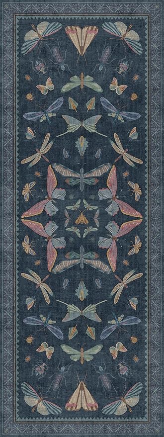 Vintage Dark Blue Insect Moth Runner Rug 3x8, Non Slip Washable Carpet for Kitchen, Hallway & Entryway, Soft Low Pile Stain Resistant Rug