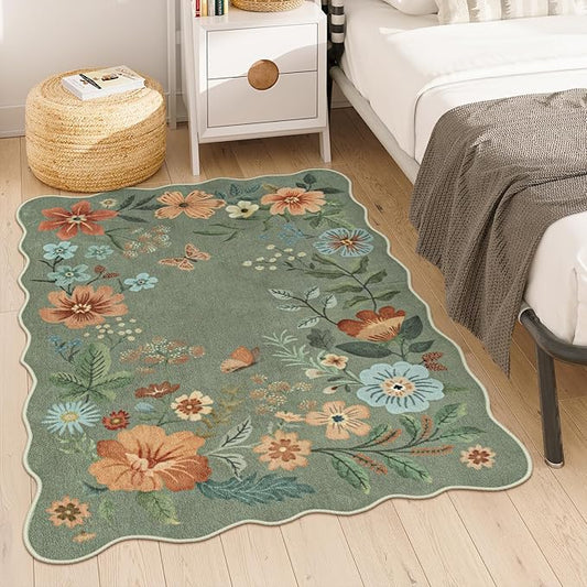 Lahome Floral Washable Rugs, 4X6 Rug for Bedroom Ultra-Thin Soft Dining Room Rug, Non-Slip Living Room Rugs Stain Resistant Boho Rug Lightweight Flore Throw Rug for Office (4x6ft,Green)