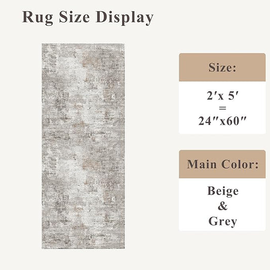 2x5 Rug Runner Non-Slip Washable – Modern Neutral Abstract Small Rug for Hallway, Kitchen, Bathroom, Bedroom, Entryway, Laundry Room – Thin Soft Low-Pile Rubber Backing (Beige/Grey)