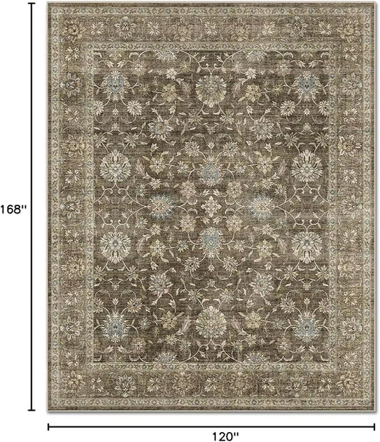 Washable 10x14 Area Rugs for Living Room, Boho Non-Slip Vintage Distress Large Rugs for Bedroom Dining Room Office, 0.3" Neutral Oriental Throw Thin Carpet, Tan/Flaxen/Multi, E2