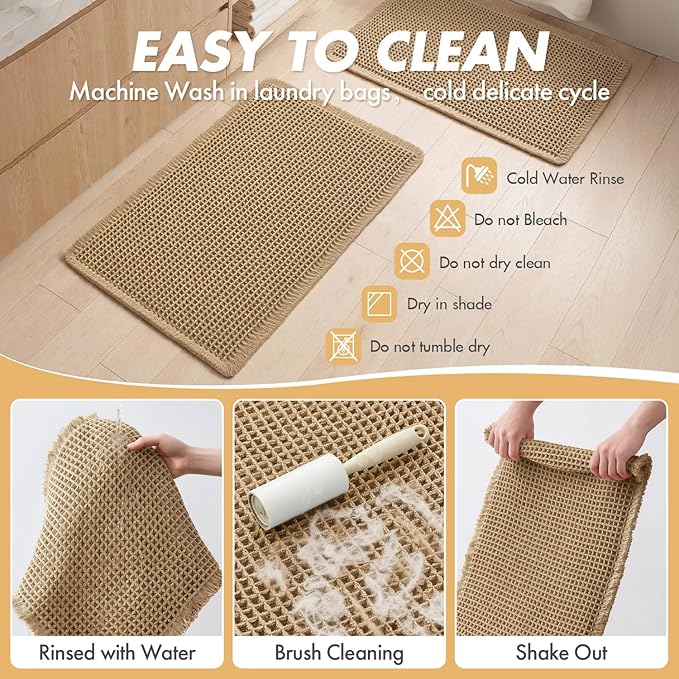 MIULEE Set of 2 Waffle Bathroom Runner Rugs, Boho Bath Rugs Non Slip Washable, Super Absorbent Runner Bath Mats, Rubber Backed Shower Mats for Hallway Bedroom Laundry Room, Brown, 2'x5'(24x60 Inch)