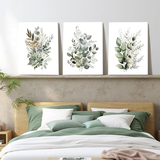 FYLDPSB 3 PCS Unframed Watercolor Floral Canvas Wall Art, Boho Sage Green Wildflower Wall Decor, Modern Flowers and plants Painting Print for Bedroom Living Room Bathroom Decorations 12''L x 16''W