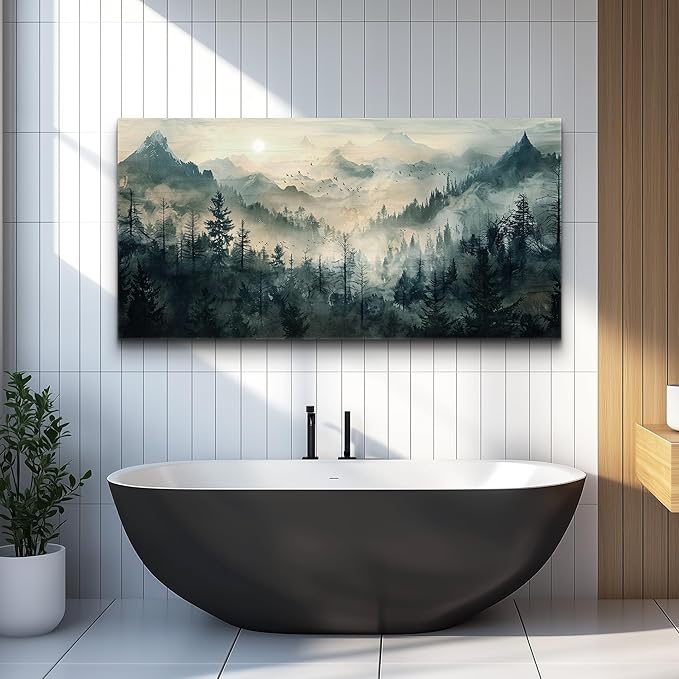 KELIYUAN Mountain View Canvas Wall Painting For Living Room Natural Landscape Painting Misty Forest Wall Decoration For Bedroom Home Decoration Modern Printed Artwork Can Be Hung Directly 20x40 In
