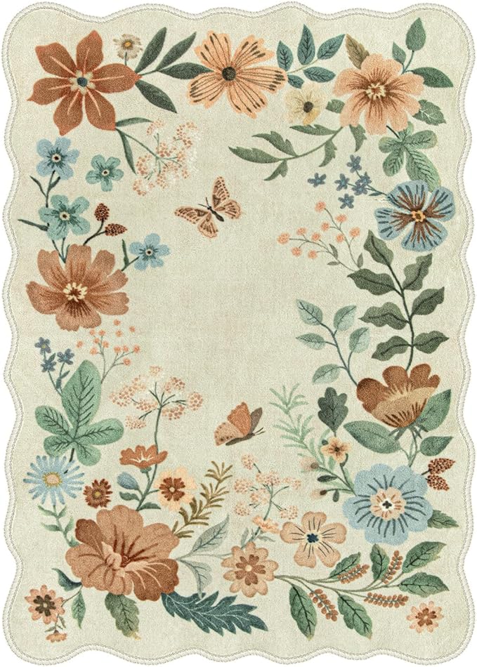 Lahome Floral Living Room Rug, 5x7 Rugs for Bedroom Ultra-Thin Soft Washable Dining Room Rug, Non Slip Stain Resistant Boho Low-Pile Throw Carpet for Office Flore (5x7ft,Beige)