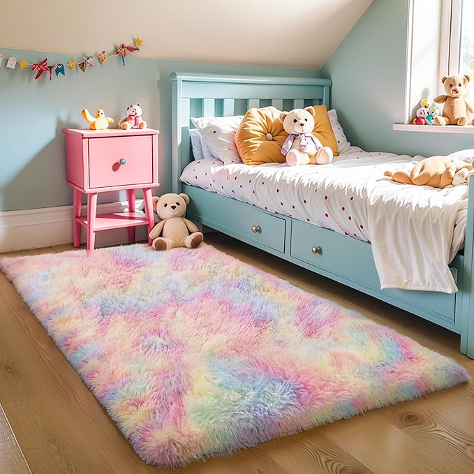 KICHOWUA Thick Area Rug 4x6 Fluffy Shag - Rainbow Unicorn Carpet for Girls Bedroom, Soft Plush Fuzzy Pastel, Thickened Washable Non-Slip Shaggy Rug for Kids, Nursery, Living Room, Baby, Dorm