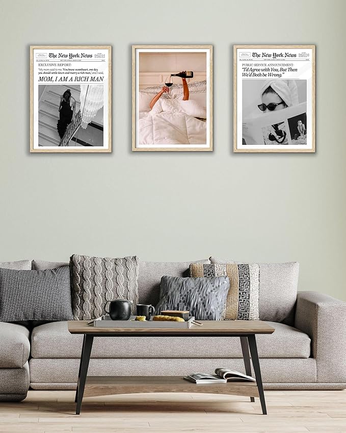 EcoHest Small Trendy Newspaper Framed Wall Art, 8x10 in OAK Wood Cool Girl Canvas Art, Magazine Bar Cart Print College Dorm Decor, Beige Logs Set of 1 for Bedroom Living Room