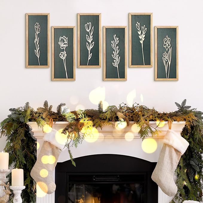 Wesiti 6 Pcs Boho Wall Art Wooden Floral Wall Decor Minimalist Botanical Print Art Decor for Rustic Vintage Farmhouse Home Living Room Bedroom Bathroom Kitchen Decoration, 15.75 x 6.69 Inch (Green)