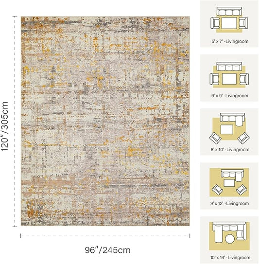 Rugxara Area Rugs 8x10,Large Soft Rugs for Living Room, Washable, Modern Neutral Abstract Rugs for Bedroom Dining Room, Non-Slip Foldable Thin Indoor Carpet Stain Resistant(Beige Gold)