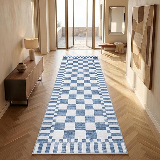 GarveeHome 2.5×8 Kitchen Runner Rug Non Slip,Dark Blue Checkered Rug,Washable Runner Rug for Hallway Soft Low-Pile Geometric Checkerboard Rugs for Entryway Kitchen Dining Room