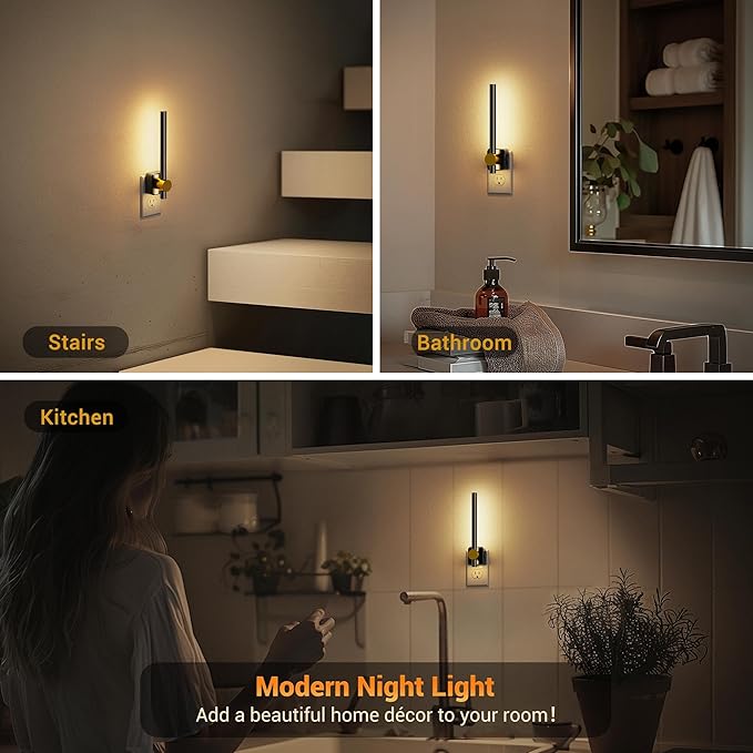 JandCase LED Night Light Plug into Wall, Dusk to Dawn Sensor, 0-200LM Dimmable LED Night Light, Bright Black and Gold Vanity Nightlight for Bathroom Bedroom Dressing Room, 3000K Soft White, 1 Pack