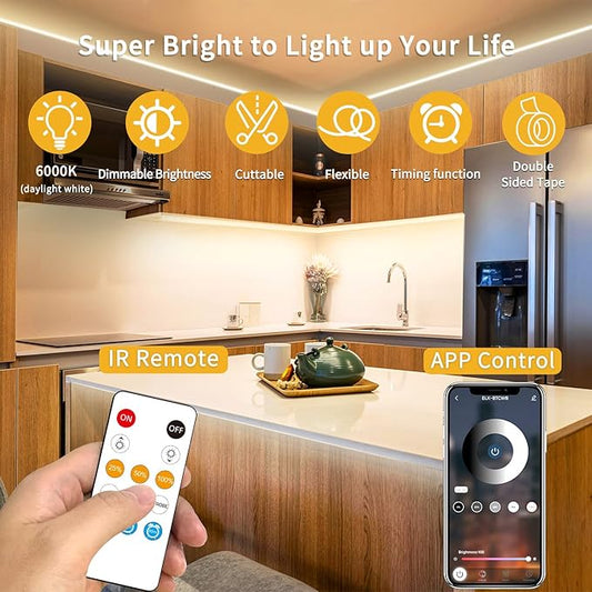 32.8ft COB LED Strip Lights DC 24V Dimmable 3000K Warm White Flexible LED Tape Light for Bedroom, with Remote and app Control LED Tape Lights,for DIY Home Decoratio