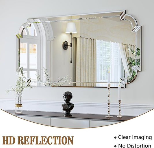 Chende Large Full Length Mirror, 59''x30'' Frameless Beveled Mirrors for Bathroom Vanity, Modern Decorative Mirror with Scalloped Glass Frame for Living Room, Dining Room, Entryway
