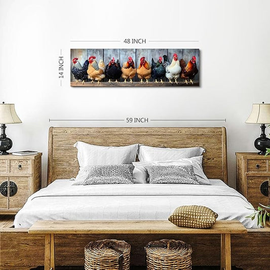 Large Farm Chicken Wall Art Rooster Kitchen Wall Decor Rustic Farmhouse Coop Picture Canvas Prints for Dining Room Decorations Colorful Country Animal Poster Painting Artwork Cabin Home Decor 14x48”