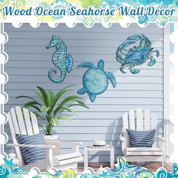 Tatuo 3 Pcs Summer Coastal Wall Decor Bathroom Beach Blue Wall Art Sea Turtle Surfboard Seahorse Starfish Seashell Conches Crabs Sea Life Decor for Bedroom Home (Ocean Style)