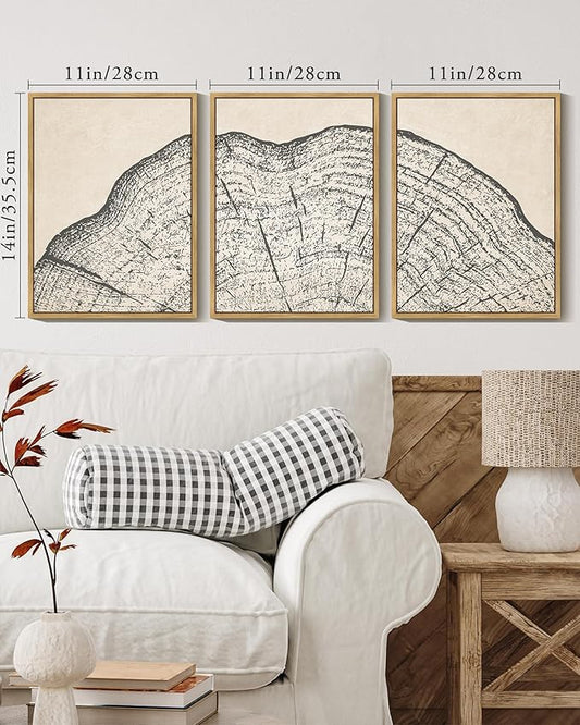 PHOPAGO Farmhouse Vintage Framed Wall Art Set Gray Wood Tree Ring Spirals Nature Abstract Drawings Rustic Modern Art Decor for Living Room Bedroom - 11x14in Natural Framed