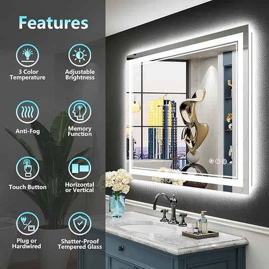 40x24 LED Bathroom Mirror with Lights, Backlit and Front Lit Anti-Fog Lighted Vanity Mirrors for Bathroom Wall, Dimmable, 3-Color Light, Memory, Shatter-Proof, HD Tempered Glass, CRI>90