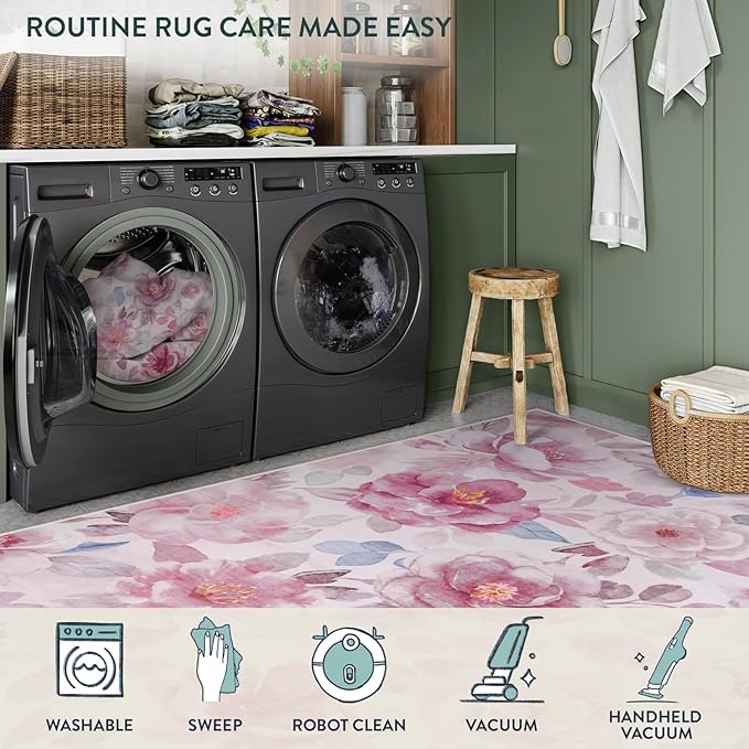 Lahome Floral 3x5 Area Rug for Bedroom, Non-Slip Entry Way Rugs Indoor Ulta-Thin Washable Stain Resistant Boho Throw Rugs for Bathroom Bedroom Vanity(3x5,Pink