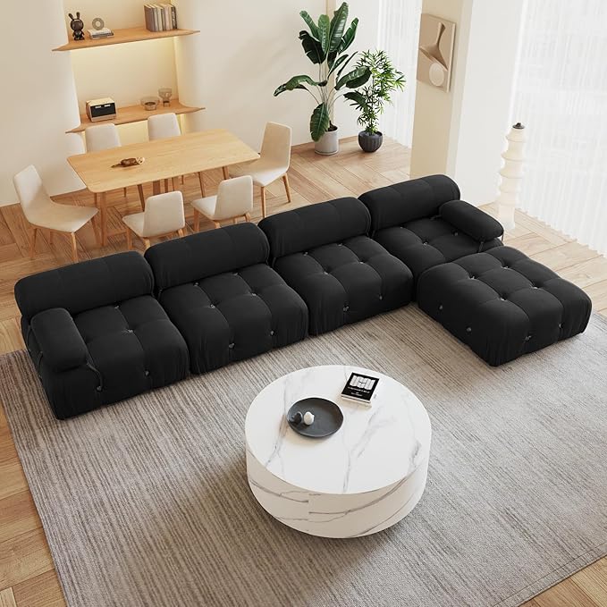 138'' Modular Sectional Couch, L-Shaped Velvet Sofa with Reversible Chaise Ottoman, Minimalist Bubble Couch, Modern Black Sectional Couches for Living Room, Apartment (4 Seats, 1 Ottoman, Black)