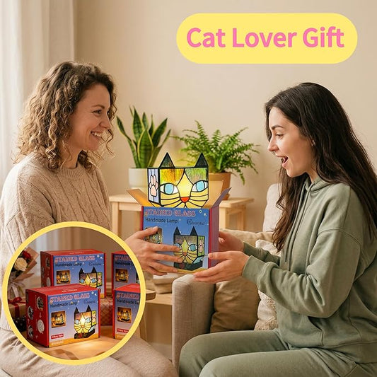 Stained Glass Cat Lamp, Tiffany Style Table Lamp with 24H Cycle Timer, Small Table Lamp with Dimmable Timing Function, Cat Gifts for Women,Cat Lovers,Cat Remembrance Gifts