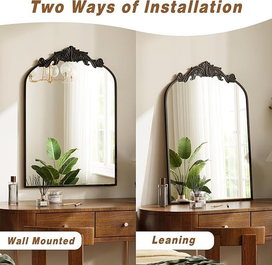 VooBang Vintage Arched Bathroom Mirror, 24x36 Inch Retro Wall Mounted Vanity Mirror with Carved Pattern Top and Metal Frame, Black Decorative Mirror for Hanging or Leaning