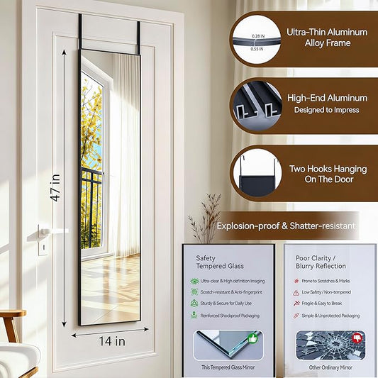 NARCISSUS 47x14 Mirror Door Hanging Full Length,Over Door or Wall Mounted Aluminum Alloy Frame Tempered Glass Rectangle Full Body Mirrors for Bedroom Dressing Living Room Bathroom 47 inch Black