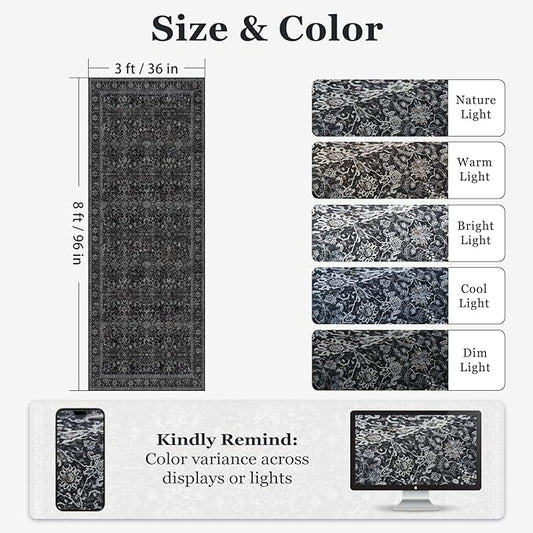Dark 3x8 Hallway Runner Rug, Entryway Kitchen Runners Non Skid Washable 8 ft, Non Slip Ultra Thin Carpet Runner for Corridor Mudroom Foyer Bathroom Bedroom, Vintage Farmhouse Midnight