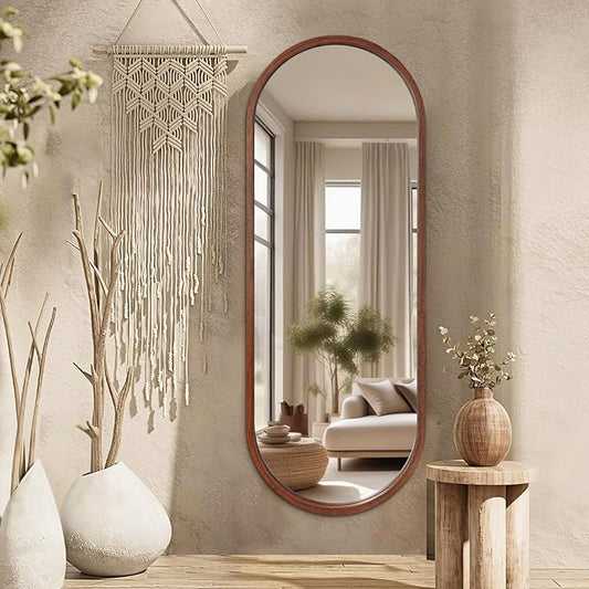 Niccy 66"×24" Wood Full Length Mirror, HD Long Walnut Oval Wall-Mounted Mirrors, Large Body Hanging Mirrors for Living Room, Explosion-Proof Wooden Frame Mirrors for Entryway, Bedroom, Walnut