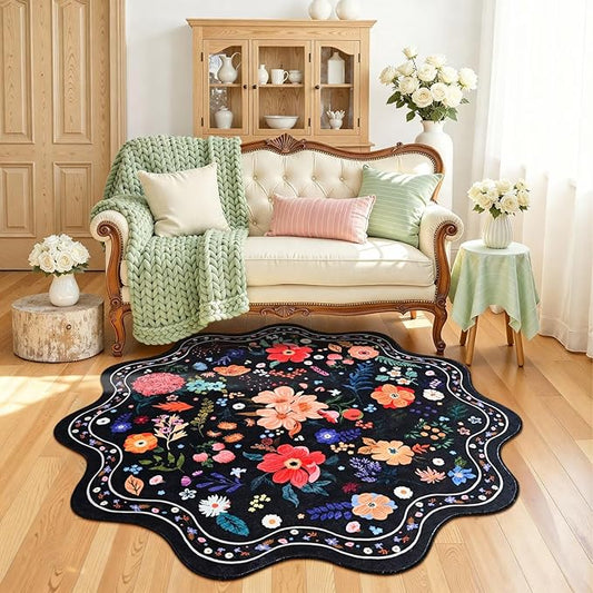 Macgace Black Round Rug for Girls Bedroom, 4ft Machine Washable Floral Area Rugs with Non Slip Backing, Cute Flower Carpet Kitchen Living Room Kids Playroom Decor