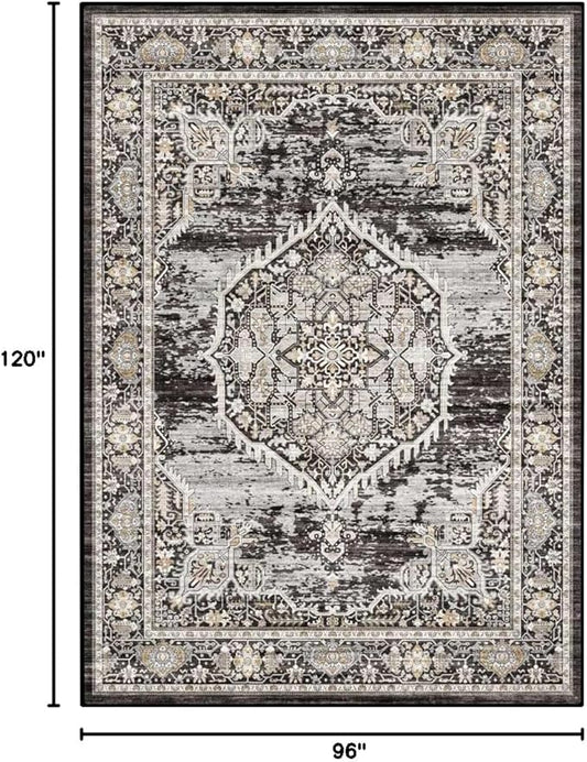 8x10 Rug Washable Area Rugs: Large Soft Living Room Rug - Distressed Stain Resistant Floor Carpet - Machine Washable Foladable Low Pile Area Rugs 8'x10' Black