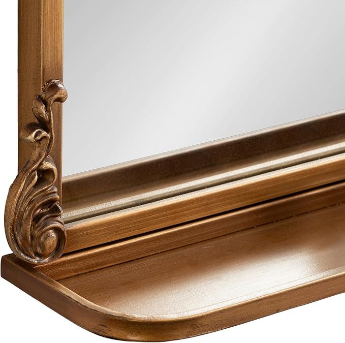 Kate and Laurel Arendahl Traditional Vintage Arch Mirror with Shelf, 16 x 25, Gold, Baroque Antique Arched Wall Mirror with Functional Shelf and Ornate Frame