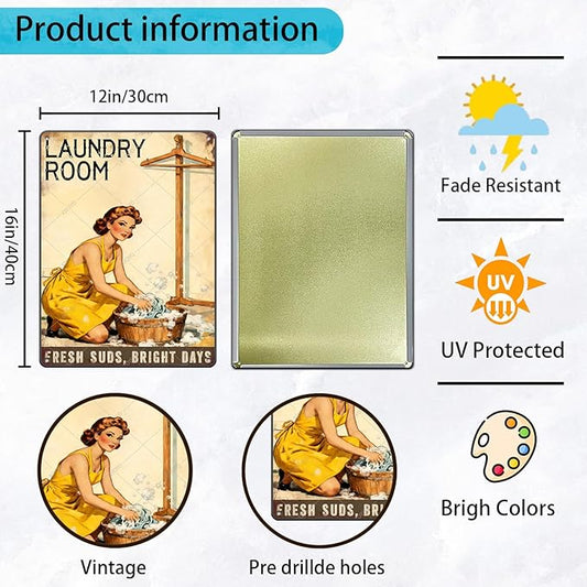 50s laundry Day Poster Metal Tin Sign Fresh Suds Bright Days Vintage Sign Utility Room Decor Retro Laundry Room Wall Art 16x12 Inch