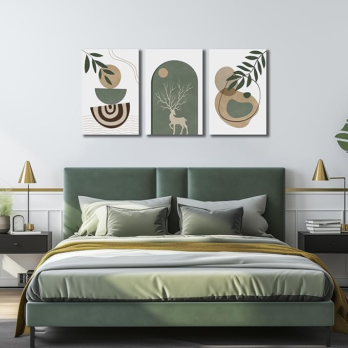 Boho Sun Canvas Wall Art Set of 3, Neutral Abstract Minimalismt Bohemian Geometric & Botanical Plants Pictures Prints Artwork Paintings Wall Decor for Bedroom Living Room Home Decoration 16x24 inches