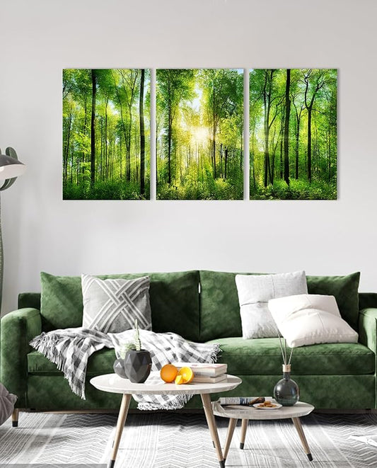 HLJ ART Forest Wall Art: 3 Panel Green Tree Pictures Canvas Wall Art, 20x30 Inch, Sunrise Prints Scenery Wall Art Hanging Wall Mural Nature Art Wall Decor for Bedroom, Living Room, Office