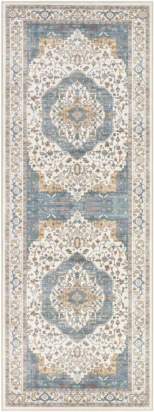Area Rug for Living Room - 3x8 Soft Washable Oriental Vintage Floral Distressed Large Carpet - Fade Stain Resistant Non Slip Rugs for Bedroom Dining Room Nursery Dorm Office Home Decor - Blue/Beige