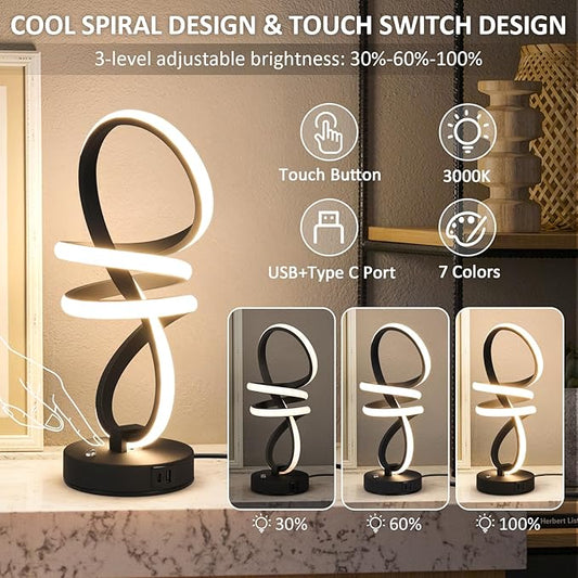 Modern LED Table Lamp, Spiral RGB Table Lamp, Touch Dimmable LED Nightstand Lamp with USB/Type C, 7 Colors & 10 Light Modes Bedside Lamp for Bedroom, Living Room, Cool Lamps for Ideal Gift(2 PACK)