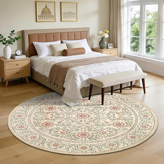 GarveeHome Boho Round Rug 4ft for Bedroom Non Slip, Vintage Botanical Circle Rugs Washable Area Rug for Kitchen Stain Resistant, Low Pile Soft Camel Circular Carpet for Nursery Entryway