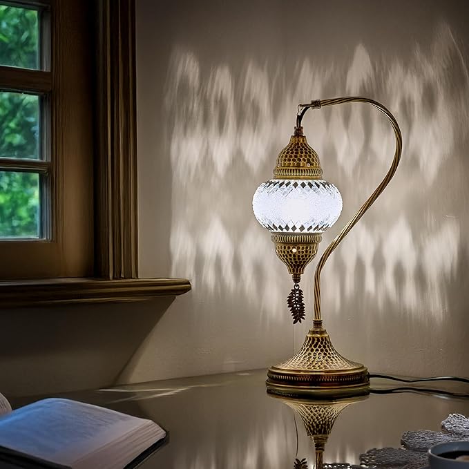 DEMMEX Turkish Moroccan Table Lamp, Swan Neck Tiffany Style Mosaic Glass Table Desk Bedside Lamp for Bedroom, Living Room – Handcrafted in Turkey, White Black
