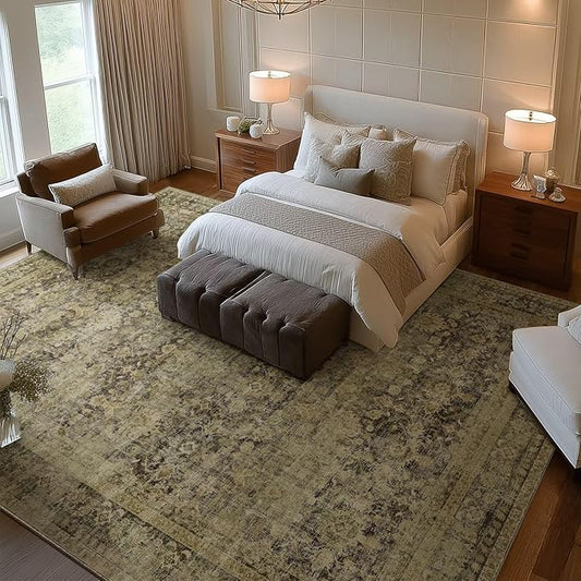Washable 9x12 Area Rugs for Living Room, Boho Non-Slip Vintage Distress Lager Rugs for Bedroom Dining Room Nursery Office, 0.3" Neutral Oriental Throw Thin Carpet, Moss/Yellow/Multi, C3