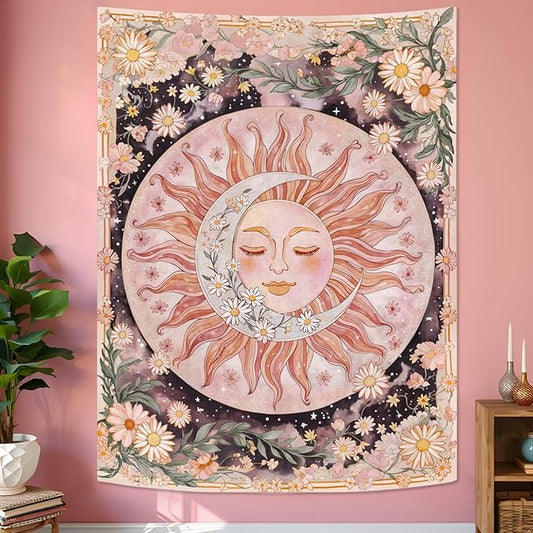 Neasow Sun Moon Daisy Tapestry, Boho Aesthetic Floral Wall Art, Pink Hippie Decor for Living Room Bedroom Home, Vertical 60x80 inches