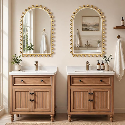 24x36 Inch Arched Wall Mirror with Antique Gold Ball Frame, Beveled Arched Decorative Wall Mirror, Vintage Gold Accent Mirror for Living Room, Entryway, Bedroom, Hallway & Over Console Decor
