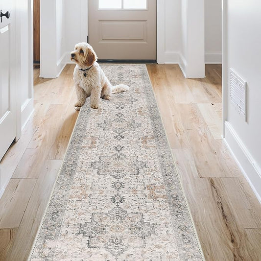 GENIMO 3x12 Runner Rugs for Hallway, Machine Washable Non Slip Vintage Rugs, Low Pile Soft Chenille Print Rug for enrtyway, Corridor, Home Office,Light Taupe Brown