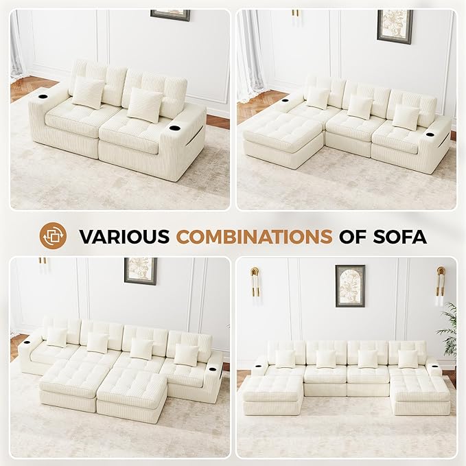 112" L Shaped Cloud Boneless Couch,Modern Modular Sectional Sofa with Layered Cushion,No Assembly Convertible Corduroy Couches for Living Room,Beige 1 PCS