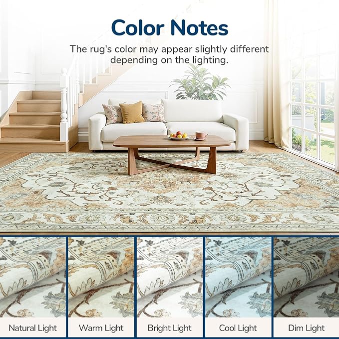 Lessymo Washable Area Rug for Living Room,9x12 Large Rugs with Non-Slip Backing,Soft Boho Carpets for Bedroom Dining Room Nursery Home Office,Light Beige