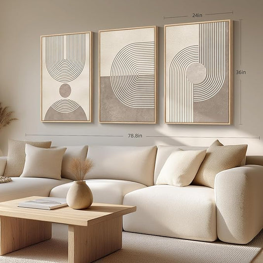 Large Framed Neutral Modern Wall Art for Living Room, 3 Piece Minimalist Boho Abstract Canvas Artwork for Walls, Mid Century Geometric Paintings Prints for Hallway Dining Room Wall Decor, 24x36 Inch