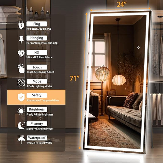 Hasipu Full Length Mirror with Lights, 71" x 24" LED Lighted Floor Standing, Full Body Dressing Hanging Mounted Mirror, Tempered Glass, Square Black