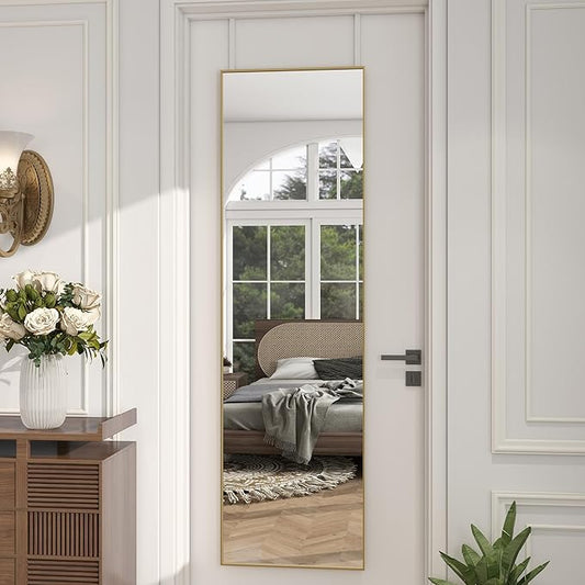 Full Length Door Mirror 14x48, Metal Frame with Protective Film, No-Drilling Hanging or Wall Mount (Horizontal/Vertical), Hooks & Hardware Included, Full Body Mirror for Bedroom, Dorm, Gold