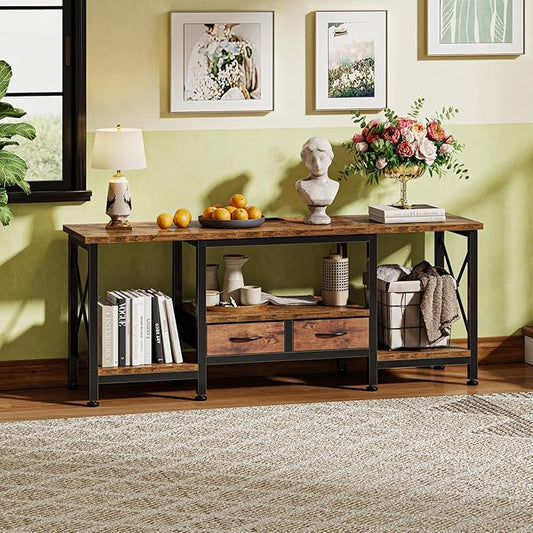 DUMOS 55” TV Stand with Power Outlets, Entertainment Center for TVs Up to 65 Inches, Industrial Media Console with Fabric Drawers & Open Shelves, Rustic Brown TV Table for Living Room, Bedroom