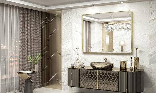 TokeShimi 48x36 Inch Brushed Gold Bathroom Vanity Mirror for Wall with Non-Rusting Aluminum Alloy Metal Frame Rounded Corner for Farmhouse Modern Home Decor (Horizontal/Vertical)